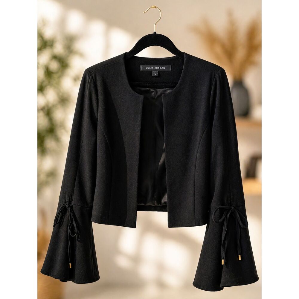 Julia Jordan Black Tie Flared Sleeve Blazer Cropped Jacket Romantic Chic M